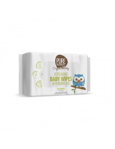 Pure Beginnings Organic Baby, Biodegradowalne chusteczki nawilżane z organicznym aloesem, 64szt.