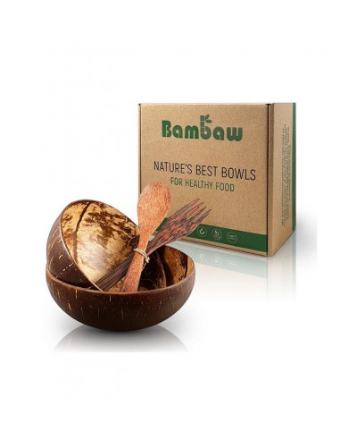 Zestaw misek z łupiny kokosa z drewnianymi sztućcami, naturalne, kompostowalne, Bambaw