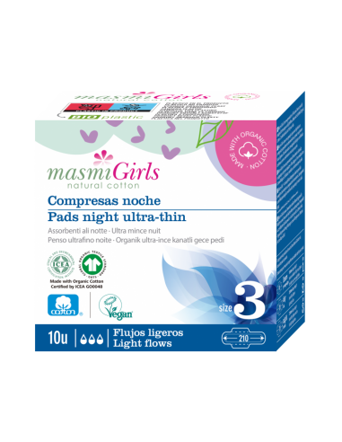 Masmi Girls 3 podpaski na noc 100% bawełny organicznej, 10szt.
