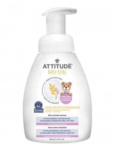 Attitude, Sensitive Skin Baby, Naturalna piana mydlana do mycia butelek i naczyń dla niemowląt, Bezzapachowa, 295 ml
